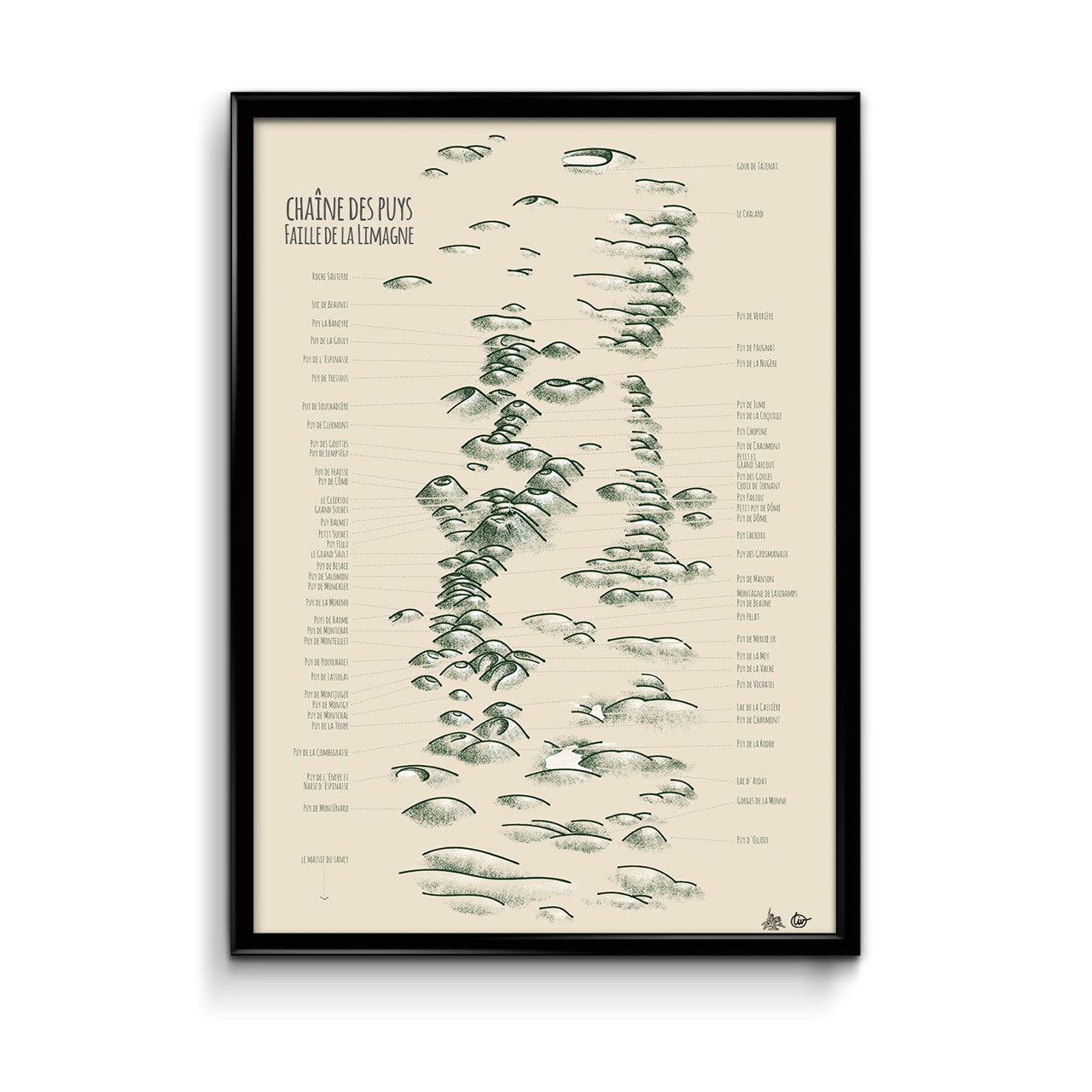 affiche carte de la chaine des puys en auvergne