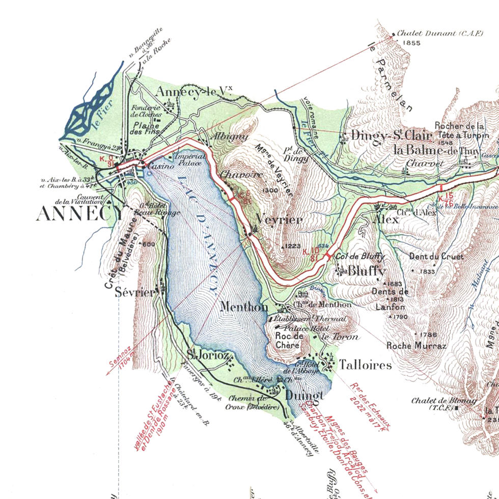 carte routière de la route des alpes - détail sur Annecy