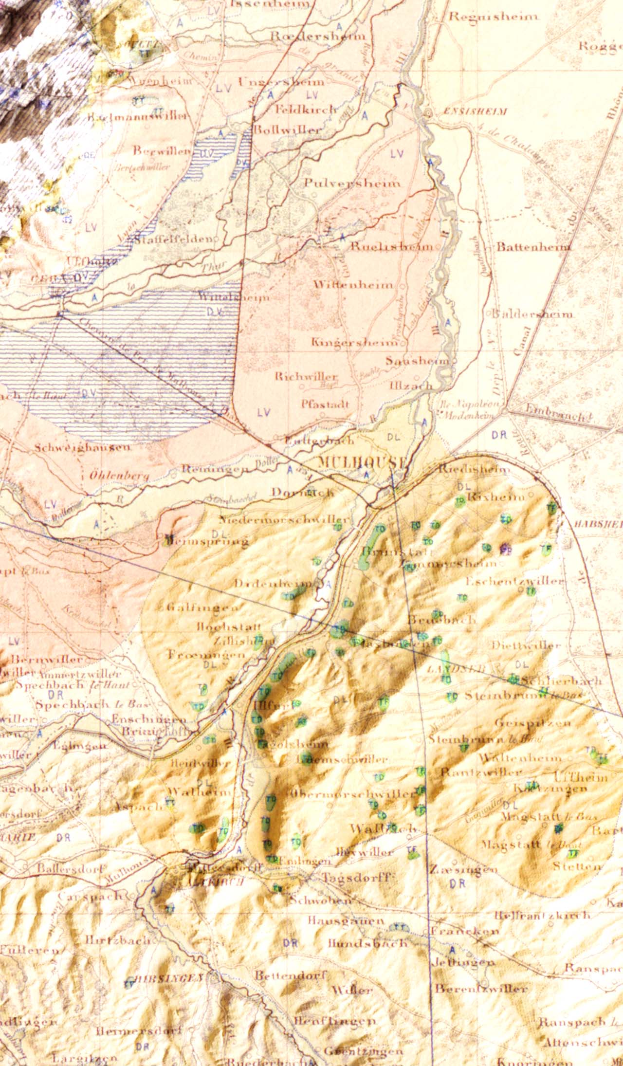 Carte géologique Haut-Rhin et Territoire de Belfort 1866 (détail de la carte)