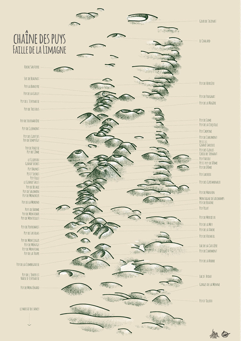 affiche carte de la chaine des puys en auvergne