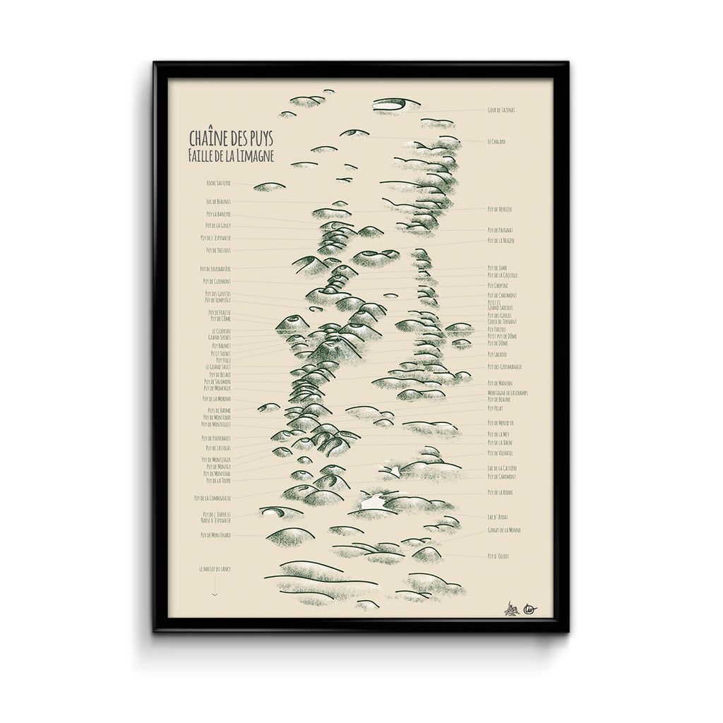 affiche carte de la chaine des puys en auvergne